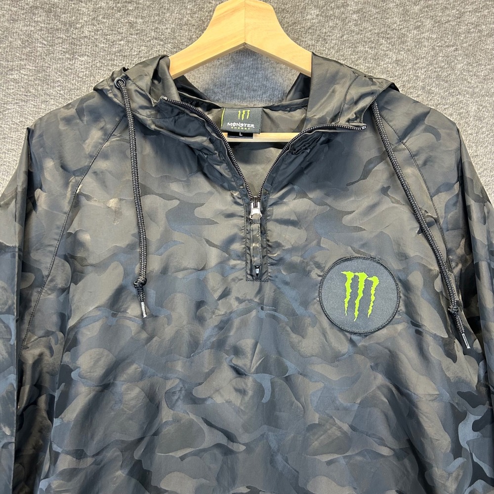 Monster Energy Mens Black Camo Quarter Zip Hooded Windbreaker Jacket Large